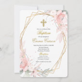 Gold frame pink blush floral baptism 招待状 (正面)