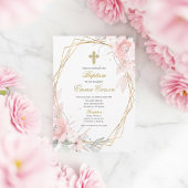 Gold frame pink blush floral baptism 招待状