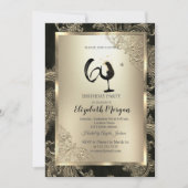 Gold Frame Wine Glass Floral Damask 60th Birthday  招待状 (正面)