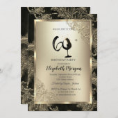 Gold Frame Wine Glass Floral Damask 60th Birthday  招待状 (正面/裏面)