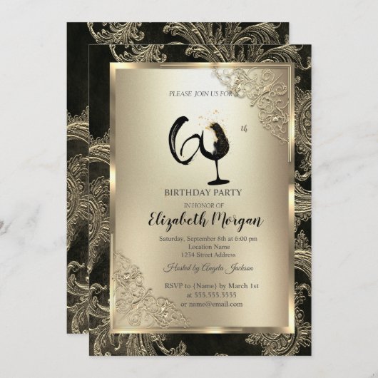 Gold Frame Wine Glass Floral Damask 60th Birthday  招待状 (正面/裏面)