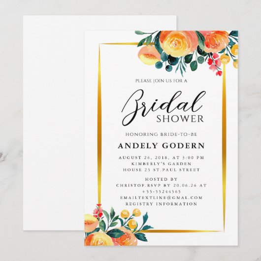 Gold Frame with Orange Floral Modern Bridal Shower 招待状 (正面/裏面)