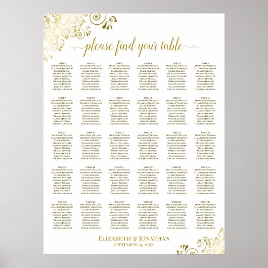 Gold Frills 30 Table Wedding Seating Chart White ポスター (正面)