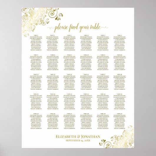 Gold Frills 30 Table Wedding Seating Chart White ポスター (正面)