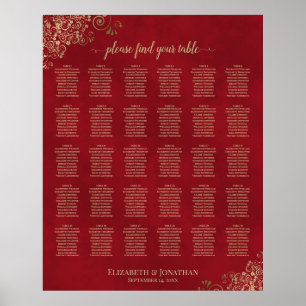 Gold Frills on Red 30 Table Wedding Seating Chart ポスター
