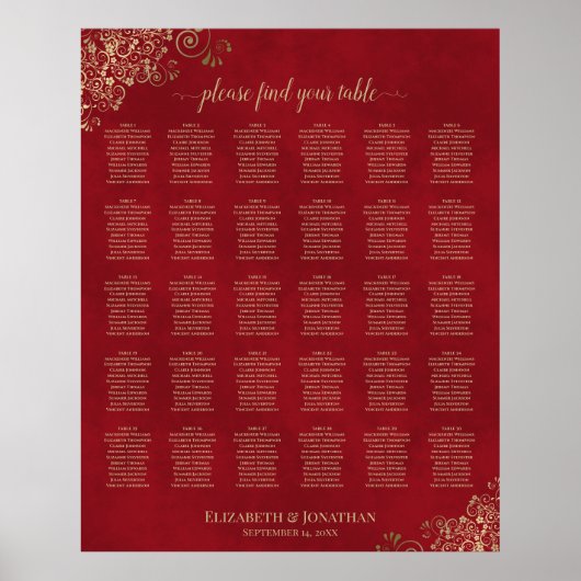 Gold Frills on Red 30 Table Wedding Seating Chart ポスター (正面)