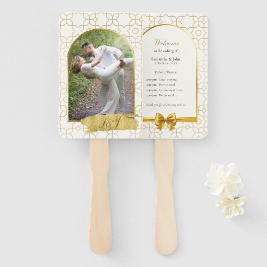 Gold Geometric Arch Wedding Ceremony Fan Program ハンドファン (正面&裏面)