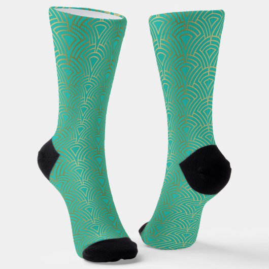 Gold geometric Art Deco pattern on blue-green ソックス (傾斜あり)