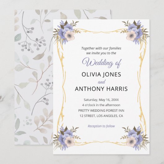 Gold Geometric Rustic Purple Floral Wedding  招待状 (正面/裏面)