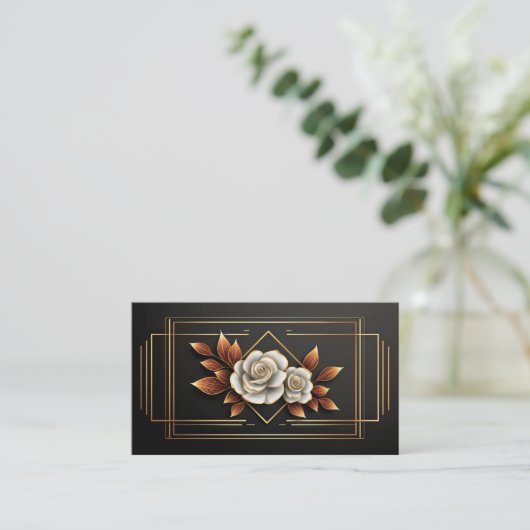 Gold Geometric White Rose Floral Midnight Black 名刺 (スタンド正面)