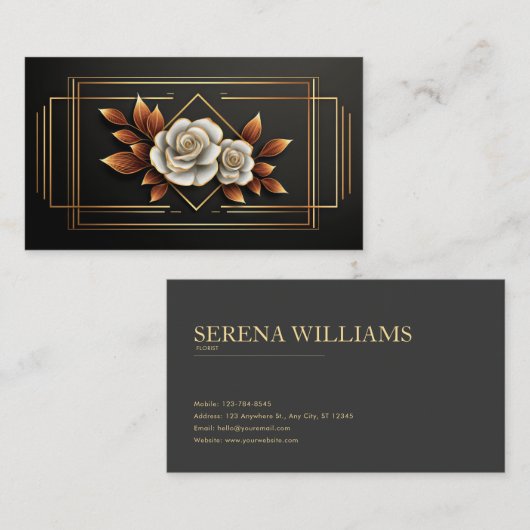Gold Geometric White Rose Floral Midnight Black 名刺 (正面/裏面)