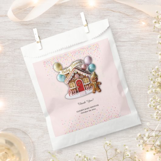 Gold Gingerbread House Baby Shower フェイバーバッグ (クリップ留めされた状態)