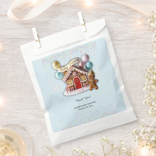 Gold Gingerbread House Baby Shower フェイバーバッグ (クリップ留めされた状態)
