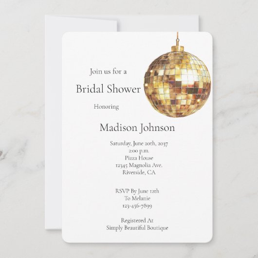 Gold Glam Disco Ball Bridal Shower 招待状 (正面)