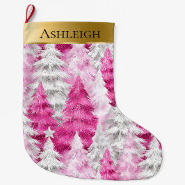 Gold Glam Pink White Christmas Trees ラージクリスマスストッキング