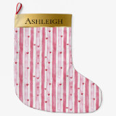 Gold Glam Pink White Heart Stripes Christmas  ラージクリスマスストッキング (正面)