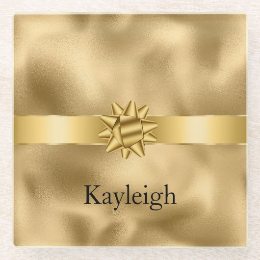 Gold Glam Ribbon and Bow Christmas ガラスコースター (正面)