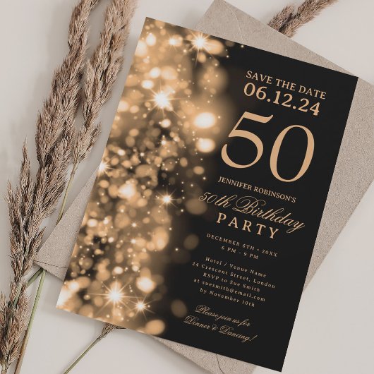  Gold Glam Save The Date 50th Birthday Party 招待状