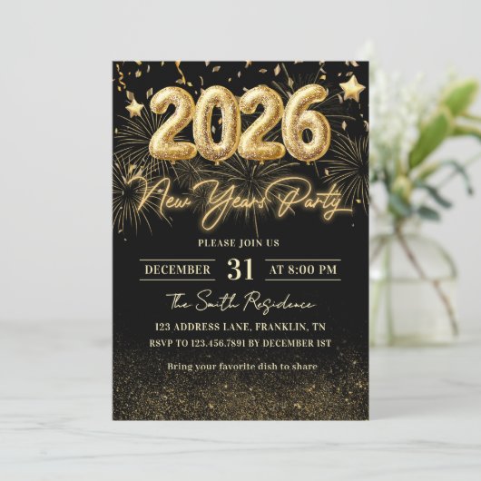 Gold Glitter 2026 New Year Party Invitation 招待状 (スタンド正面)