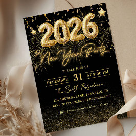 Gold Glitter 2026 New Year Party Invitation 招待状