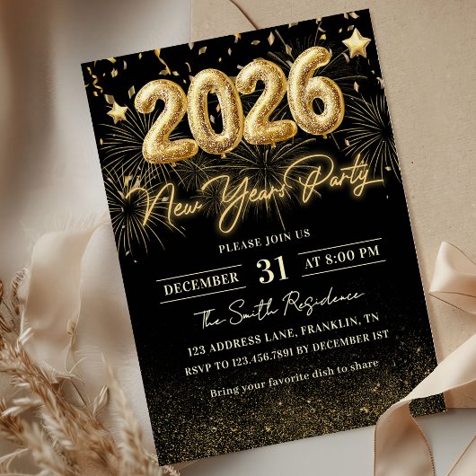 Gold Glitter 2026 New Year Party Invitation 招待状