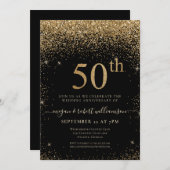 Gold Glitter 50th Surprise Anniversary Party Black 招待状 (正面/裏面)
