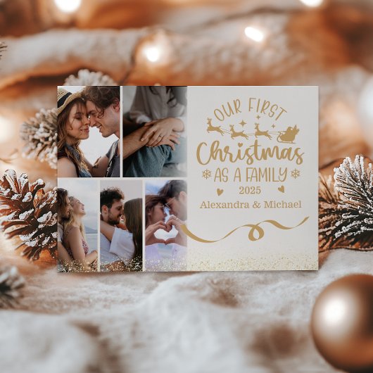 Gold Glitter 6 Photo First Christmas as a Family シーズンカード
