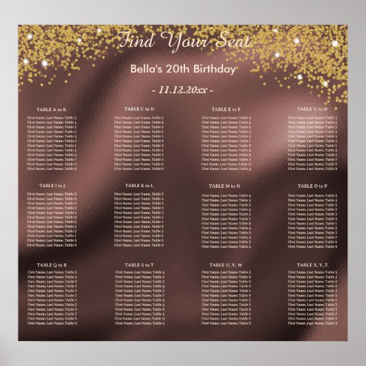 Gold Glitter Birthday Alphabetic Seating Plan  ポスター (正面)