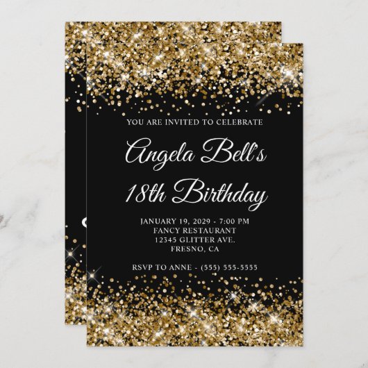 Gold Glitter Black Fancy Monogram 18th Birthday 招待状 (正面/裏面)