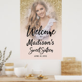 Gold Glitter & Blush Pink Sweet 16 Photo Poster ポスター (キッチン)