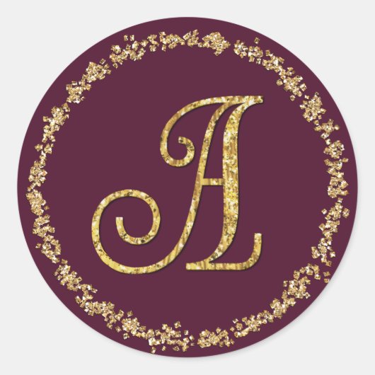 Gold Glitter Border Monogram 3 Any Color ラウンドシール (正面)