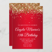 Gold Glitter Bright Red Gradient 18th Birthday 招待状 (正面/裏面)