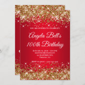 Gold Glitter Bright Red Ombre 100th Birthday 招待状 (正面/裏面)