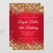 Gold Glitter Bright Red Ombre 18th Birthday 招待状 (正面/裏面)