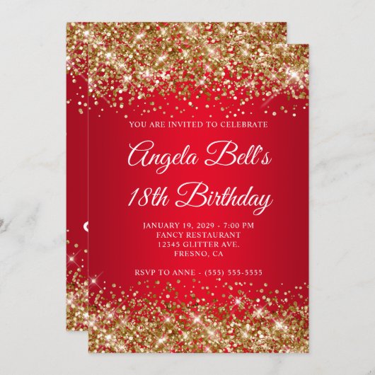 Gold Glitter Bright Red Ombre 18th Birthday 招待状 (正面/裏面)