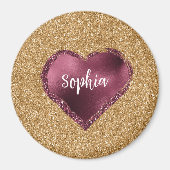 Gold Glitter Burgundy Red Heart Love マグネット (正面)