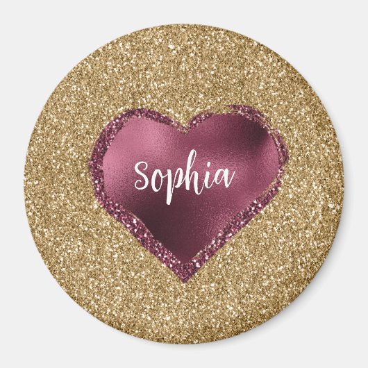 Gold Glitter Burgundy Red Heart Love マグネット (正面)