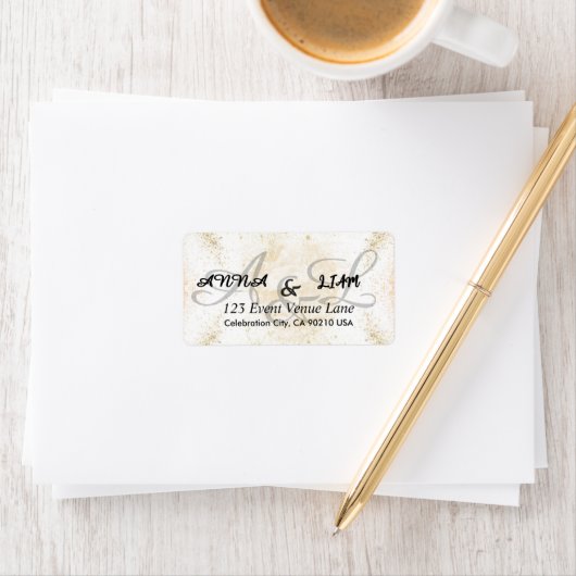 Gold Glitter Calligraphy Wedding Return ラベル (インサイチュ)