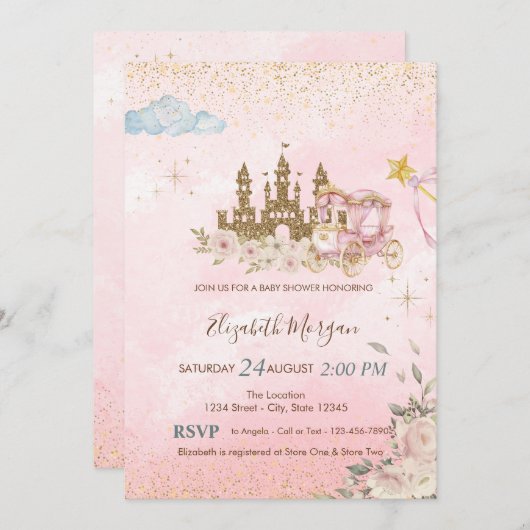 Gold Glitter Castle,FlowersCarriage Baby Shower  招待状 (正面/裏面)