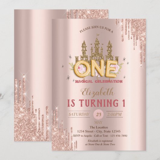 Gold Glitter Castle,Rose Gold Drips 1st Birthday 招待状 (正面/裏面)