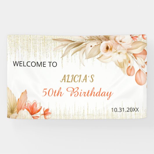 Gold Glitter Chain Yellow Orange Floral Birthday 横断幕 (横)