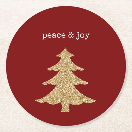 Gold Glitter Christmas Tree Red Peace ラウンドペーパーコースター (正面)