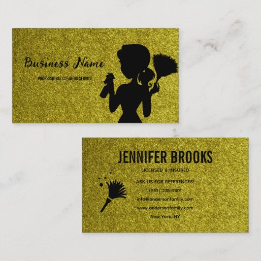 Gold Glitter Cleaning Service Housekeeper Maid 名刺 (正面/裏面)