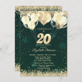 Gold Glitter Confetti Balloons Green 20th Birthday 招待状 (正面/裏面)