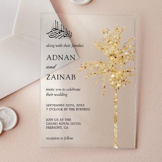 Gold Glitter Date Palm Muslim Wedding アクリル招待状