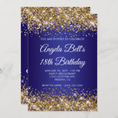 Gold Glitter Deep Blue Ombre 18th Birthday 招待状 (正面/裏面)