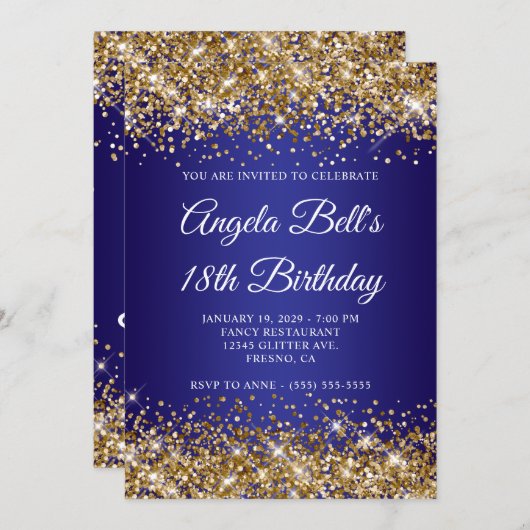 Gold Glitter Deep Blue Ombre 18th Birthday 招待状 (正面/裏面)