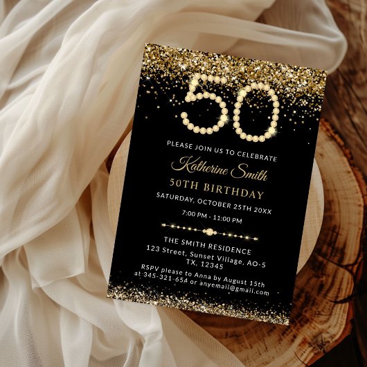 Gold Glitter Diamonds 50th Birthday Invitation 招待状