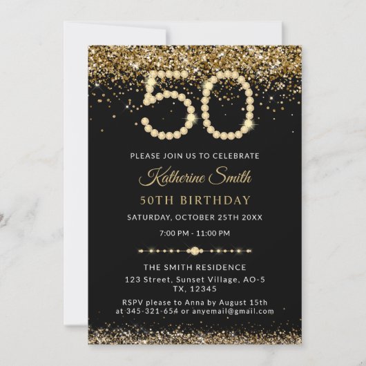 Gold Glitter Diamonds 50th Birthday Invitation 招待状 (正面)