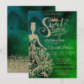 Gold Glitter Dress,Diamonds Watercolor Green  招待状 (正面/裏面)